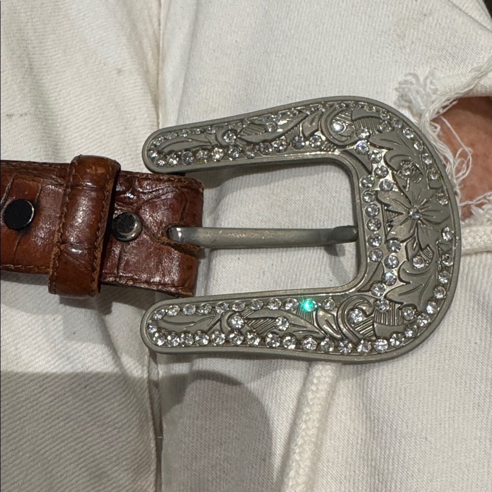 Brown gator Leather Belt silver tone rhinestone western Ella Langley